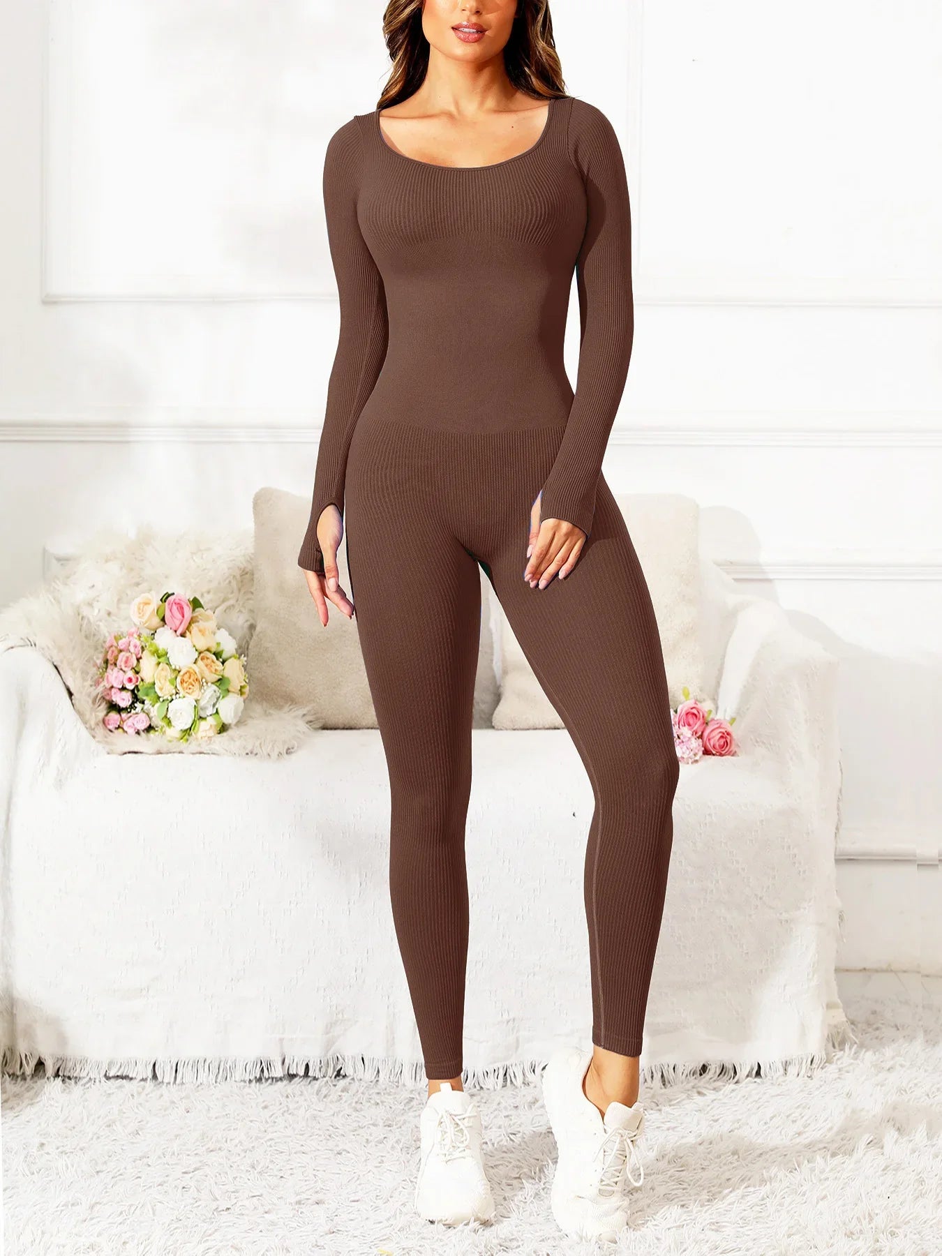 Slim Fit Womens Jumpsuit With Zipper In Brown Casual Color