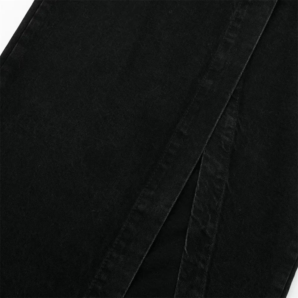 Women's Chic Short Denim Tank Top and Double Breasted Midi Denim Skirt Set Slimming Casual Fashion Ensemble