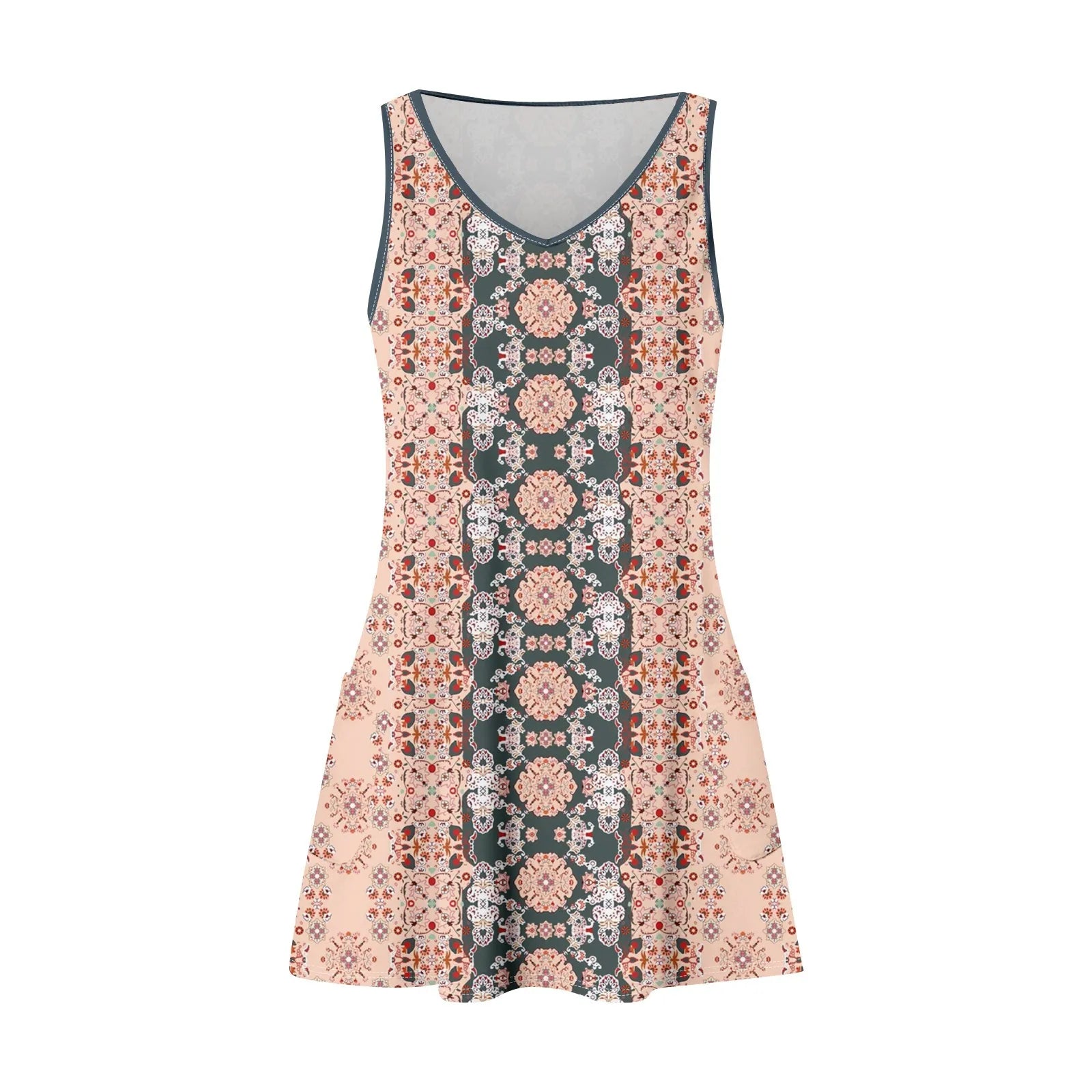 Floral Print Beach Dress Sleeveless V Neck Mini With Pockets