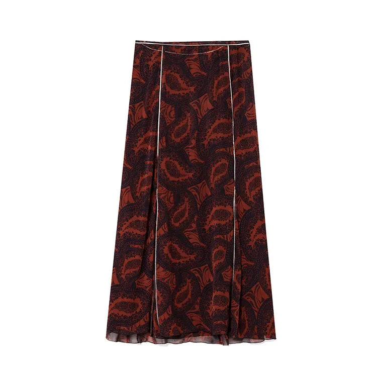 Women's Spring Printed Midi Skirt Two-Piece Set with Casual Folded Silk Texture Shirt and High Waist Skirt