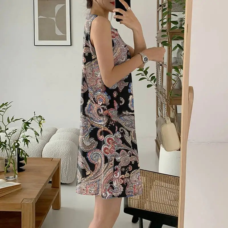 Boho Print Pleated Sleeveless Mini Dress For Summer