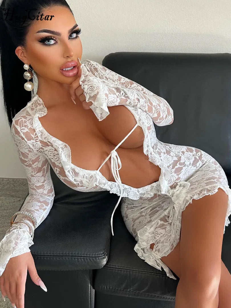 Mesh Floral Print Deep V Neck Lace Up Mini Dress See Through