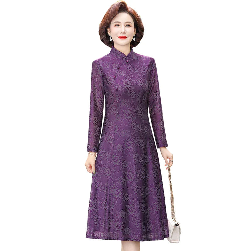 Elegant Lace Dress For Women With Qipao Collar A Line Long