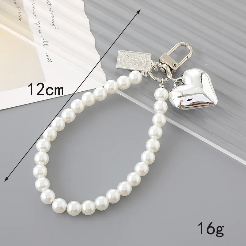 White Bowknot Heart Keychain for Women Sweet Charm Pearl Bow Backpack Key Ring Handmade Jewelry Ornament