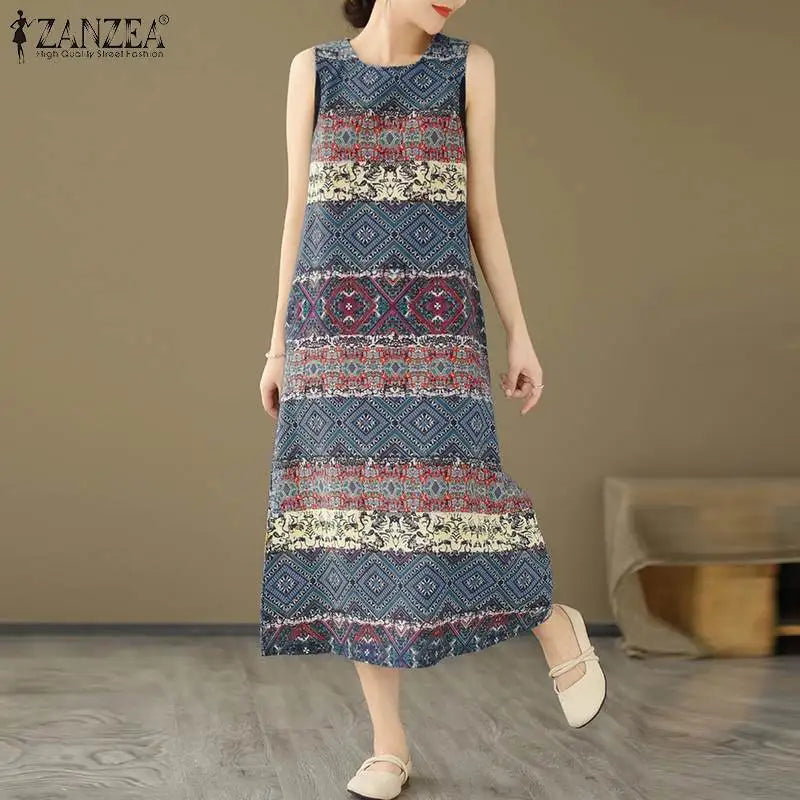 Bohemian Floral Print Sleeveless Midi Dress For Summer