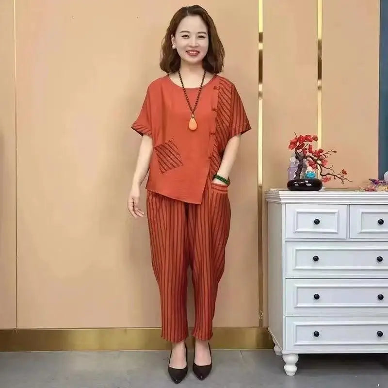 Vintage Cotton Linen Summer Outfit for Women Two Piece Suit with Loose Pants and Short Sleeve Blouse