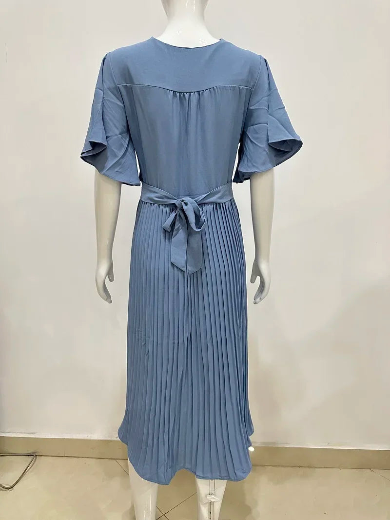 Summer V-Neck Pleated Dress With Lace Up Waist Long Skirt