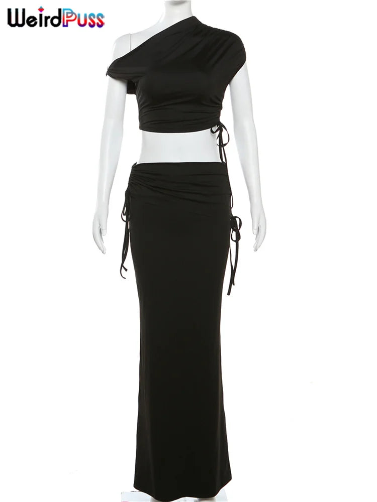 Weird Puss Skew Collar Elegant Women Two Piece Set Stretch Short Sleeve Crop Top and Bandage Maxi Skirt Matching Outfit