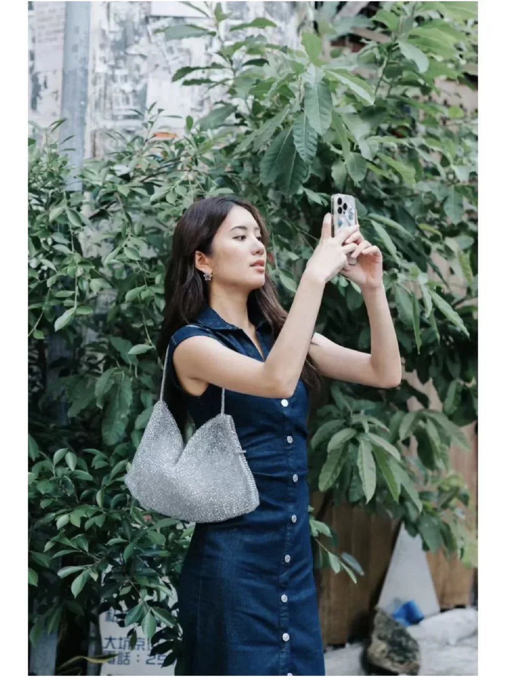 Fitted Denim Midi Shirt Dress With V Neck Long Sleeve