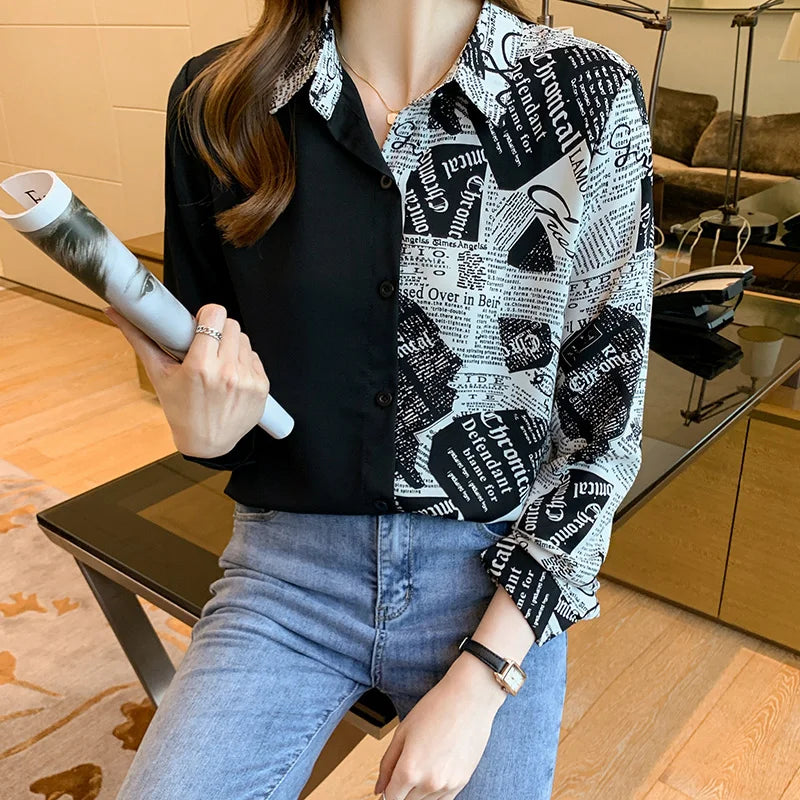 Womens Long Sleeve Contrast Letter Print Shirt Turn-Down Collar Button Up Blouse Lightweight Spring Summer Fashion Top
