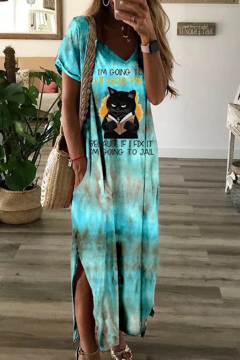 Cat Print Short Sleeve V Neck Swing Dress With Pockets