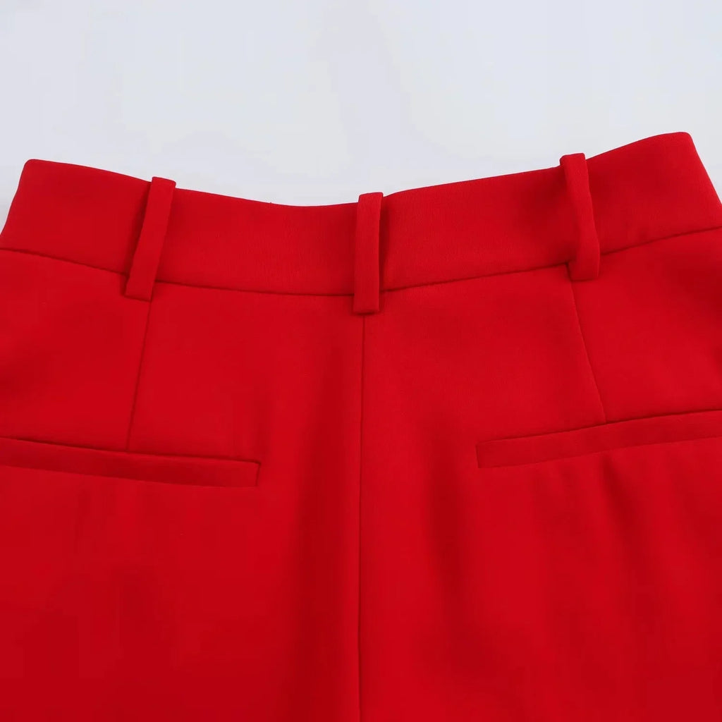 Chic Red Sleeveless Blazer and High Waist Wide Leg Pants Set for Office Ladies with V Neck and Sashes