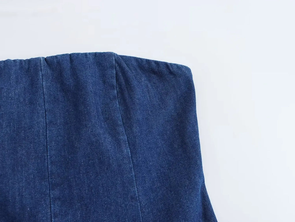 Denim Midi Dress With Pleats Backless Style High Waist