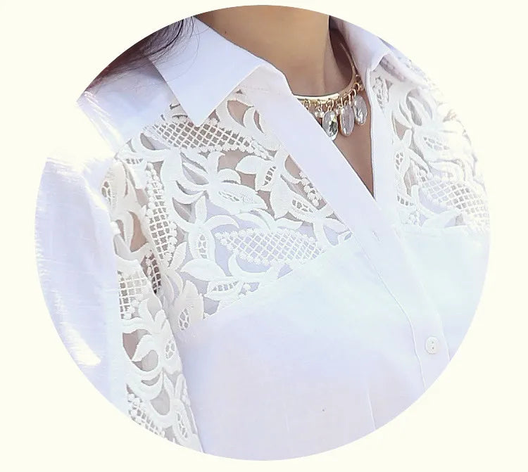 Sexy White Lace Patchwork Chiffon Button-Up Shirt for Women Casual Loose Half Sleeve Blouse Summer Top