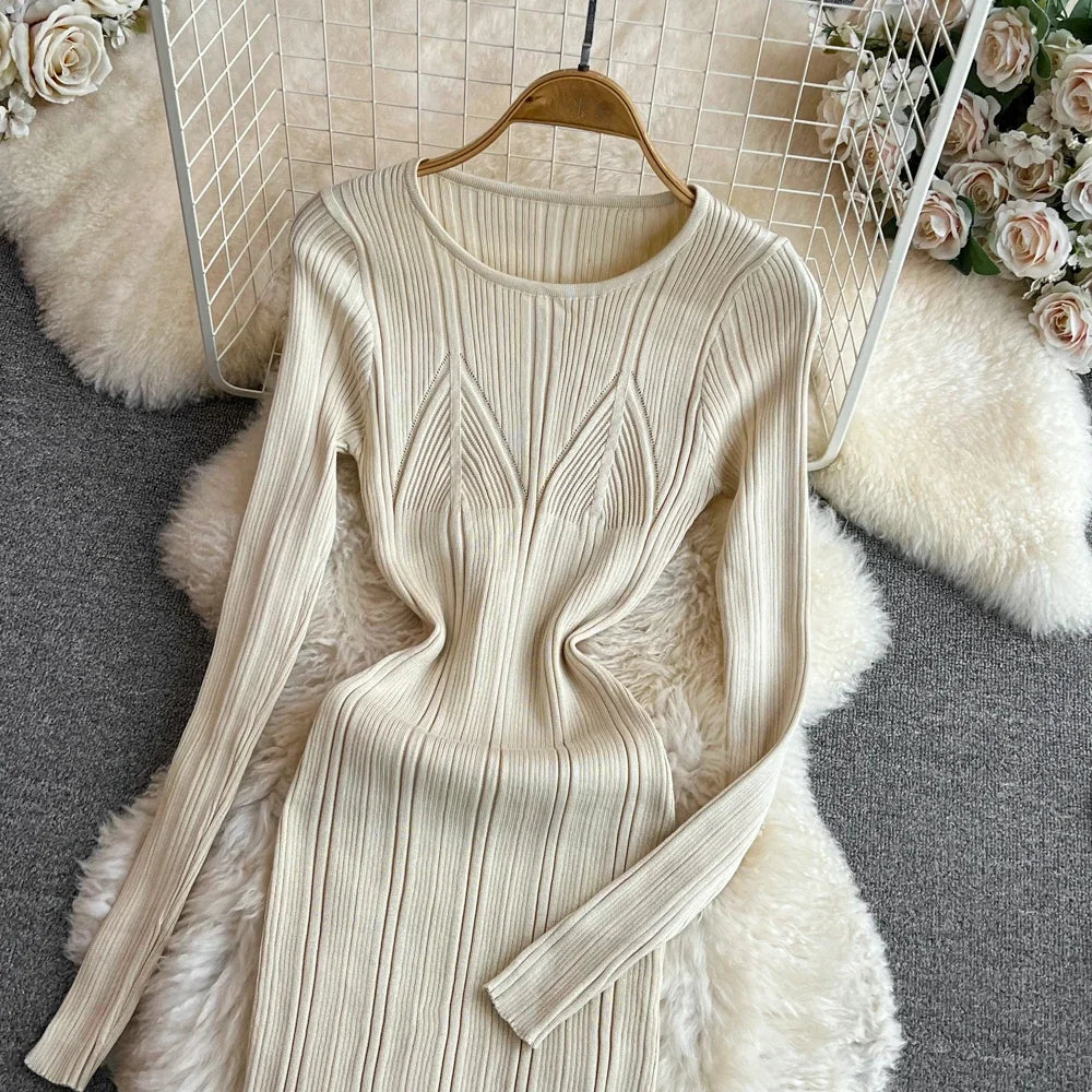 Long Sleeve Knitted Bodycon Dress For Women Autumn Retro