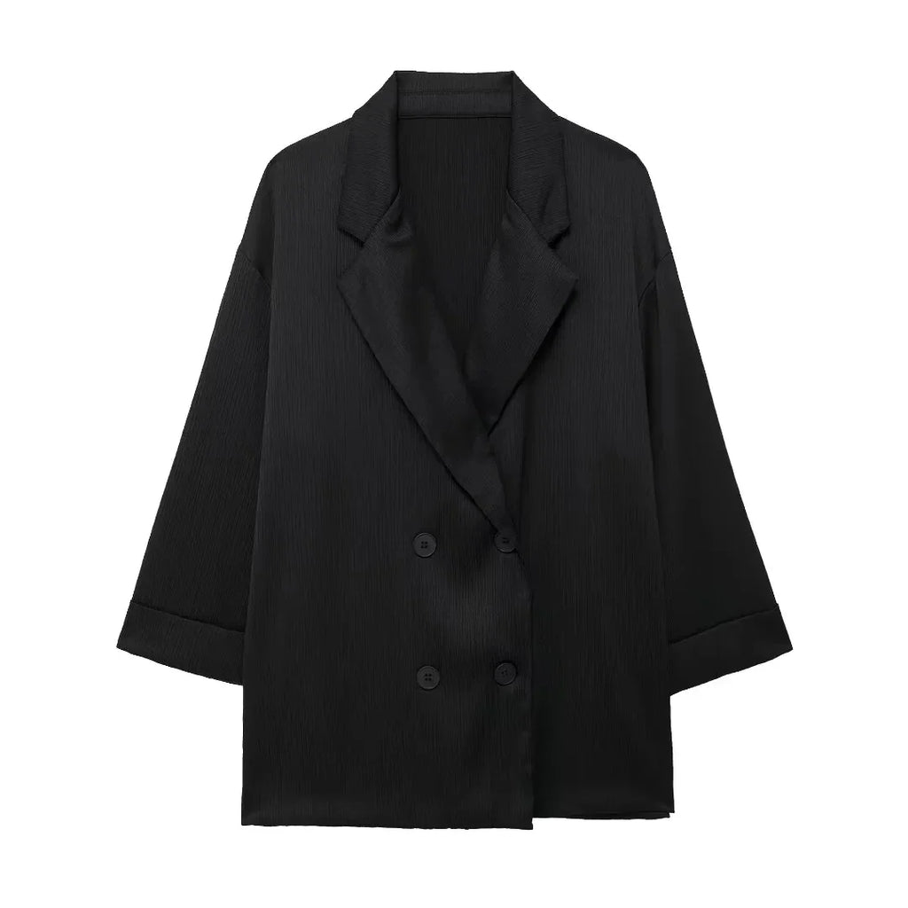 Elegant Women Blazer Pant Suit Set with Wrinkle Effect Double Breasted Long Sleeve Coat and Straight Trouser for Office Wear