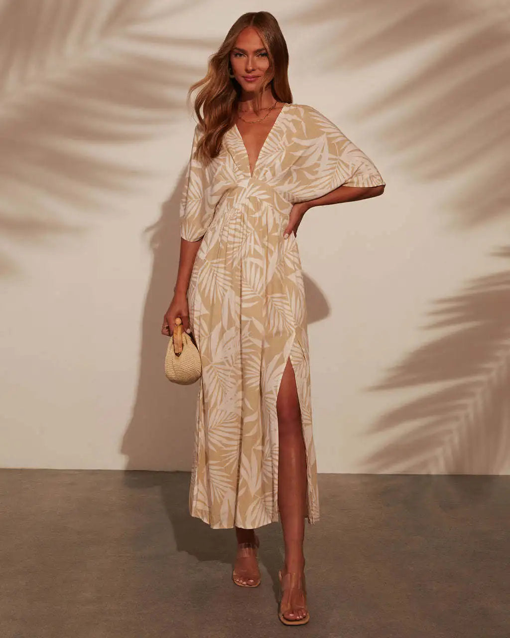 Bohemian Maxi Dress Printed V Neck Beach Vacation Style