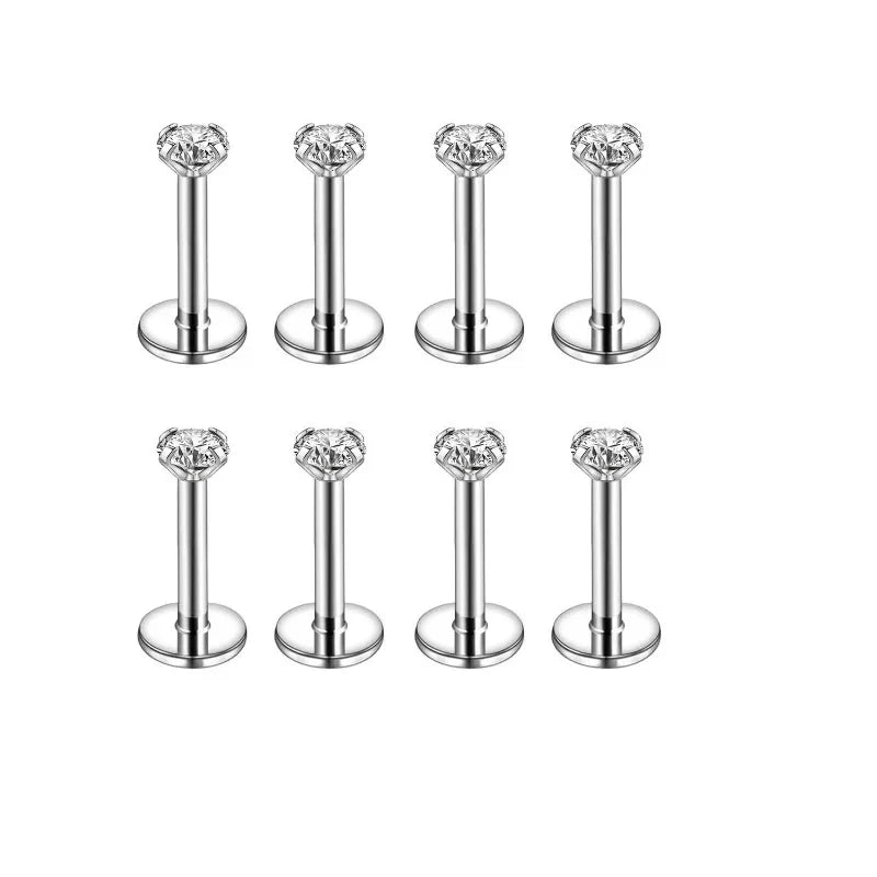 10Pcs 16G Stainless Steel Labret Lip Studs Set with CZ Crystal for Ear Cartilage and Tragus Piercings