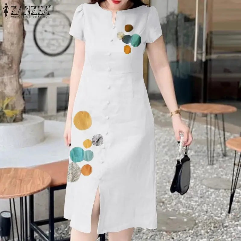 Dot Print Long Dress Casual Summer Short Sleeve Style