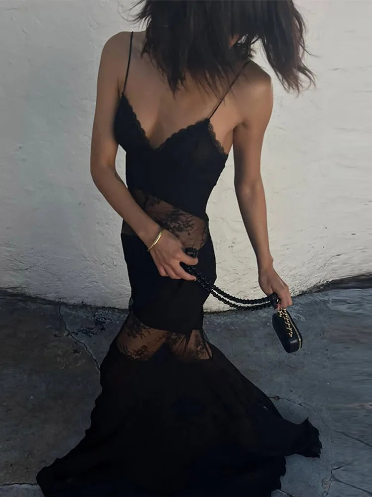Black Backless Lace Maxi Dress For Women See Through