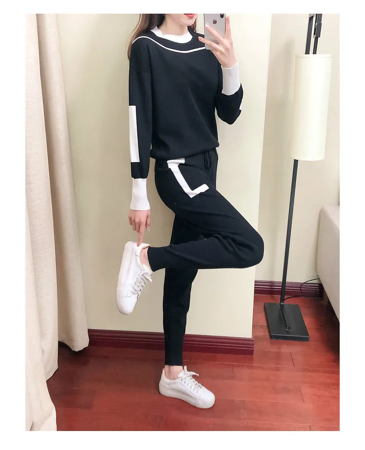 Knitted Casual Two Piece Set for Women Featuring Long Sleeve Pullover Sweater and Stylish Pants Suit