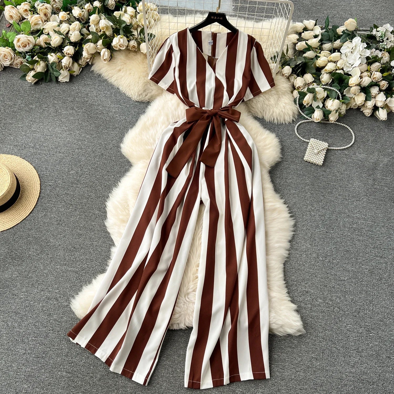 Sleeveless V Neck Stripe Jumpsuit for Women with Lace Up Bow Detail Summer Long Romper High Street Korean Inspired Style