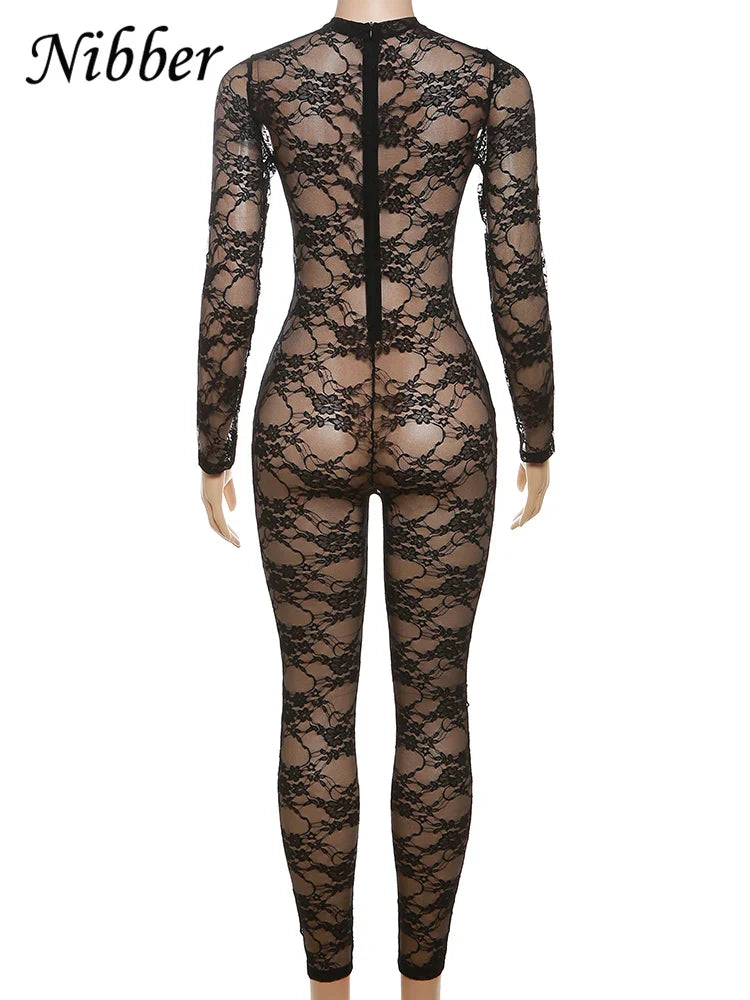 Nibber Lace Mesh Sexy Sheath Jumpsuit for Women Long Sleeve See-Through Skinny One Piece Overalls Midnight Coquette Design