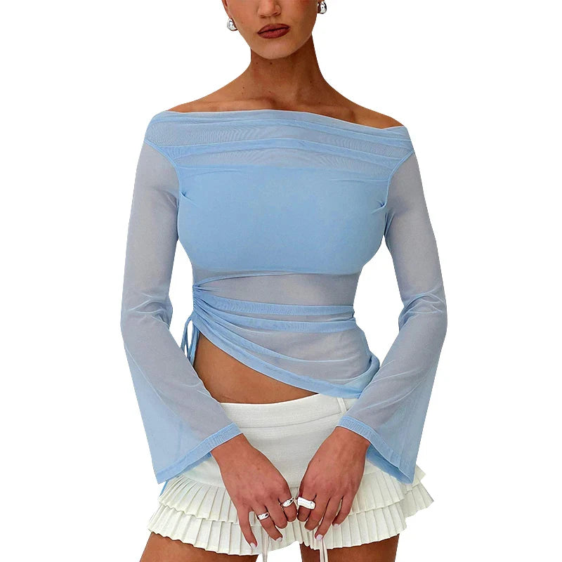 Solid Color Long Sleeve One Shoulder Mesh Top for Women - Stylish See Through Pleated Casual Autumn T-Shirt