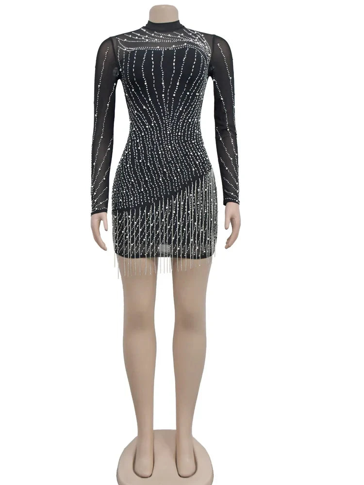Rhinestone Mesh Mini Dress Fringe Crystal Party Dress