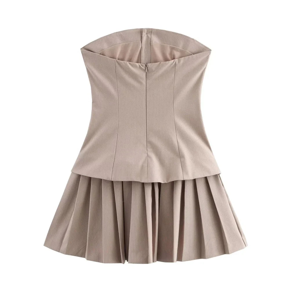 Striped Strapless Mini Dress With Folded Hem And Button