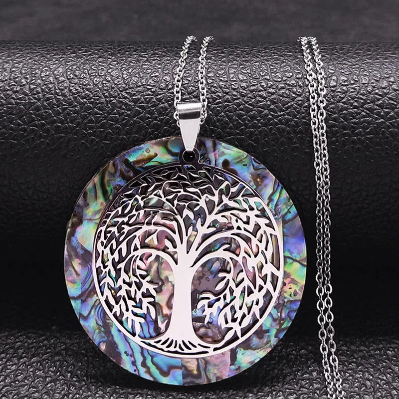 Tree of Life Abalone Shell Necklace Gold Color Stainless Steel Boho Jewelry for Weddings and Special Occasions