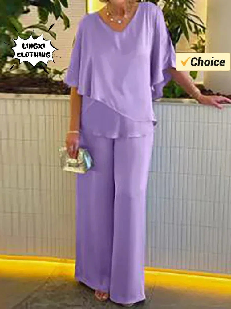 Elegant Summer Women's Two-Piece Set Solid Color V-Neck Irregular Top with High Waist Wide Leg Pants Matching Outfit