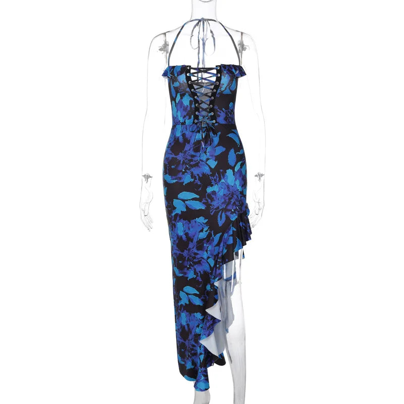 Tie Dye Midi Dress With Lace Up Side Slit Bodycon Ruffles