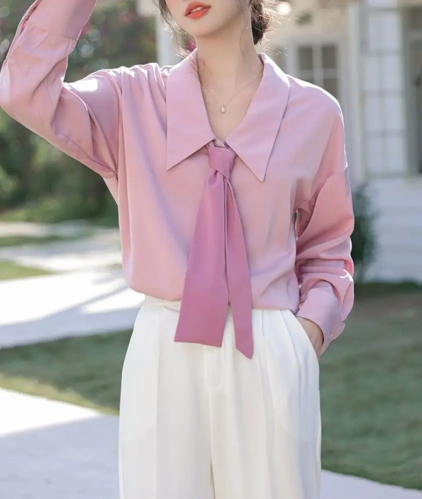 Soft Pink Long Sleeve Women's Shirt Elegant Casual Commuter Top with Gentle Feminine Style