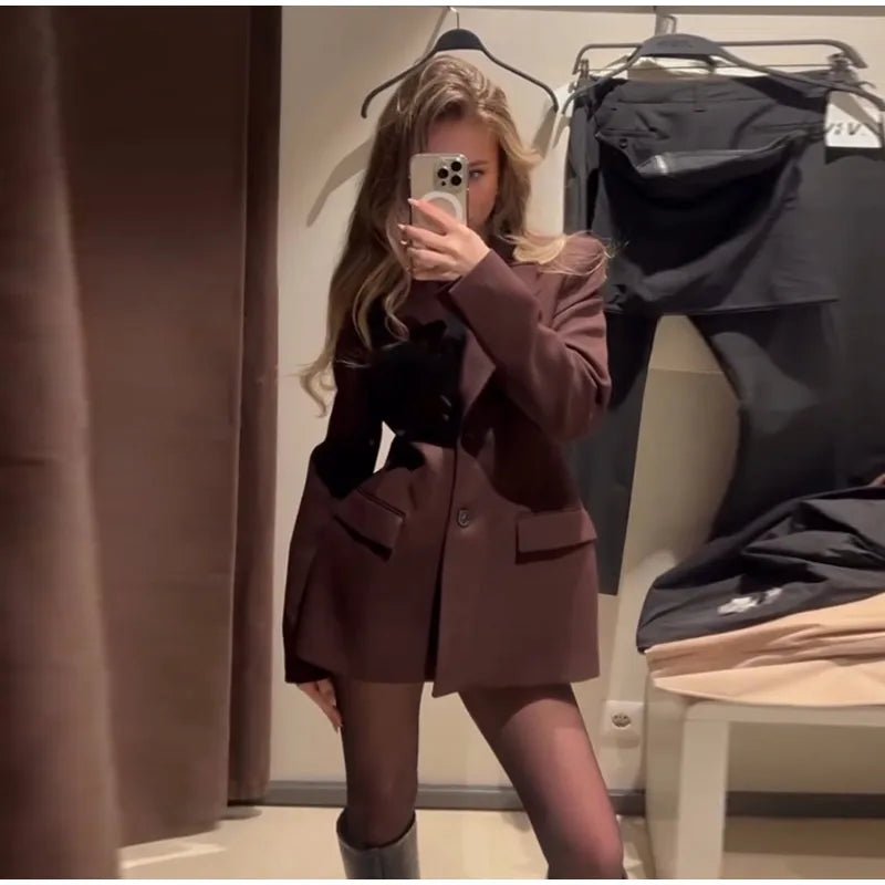 Elegant Women Blazer and Mini Skirt Set with Shoulder Pads Cinched Waist Suit Jacket and A-line Skirt Two-Piece Office Outfit