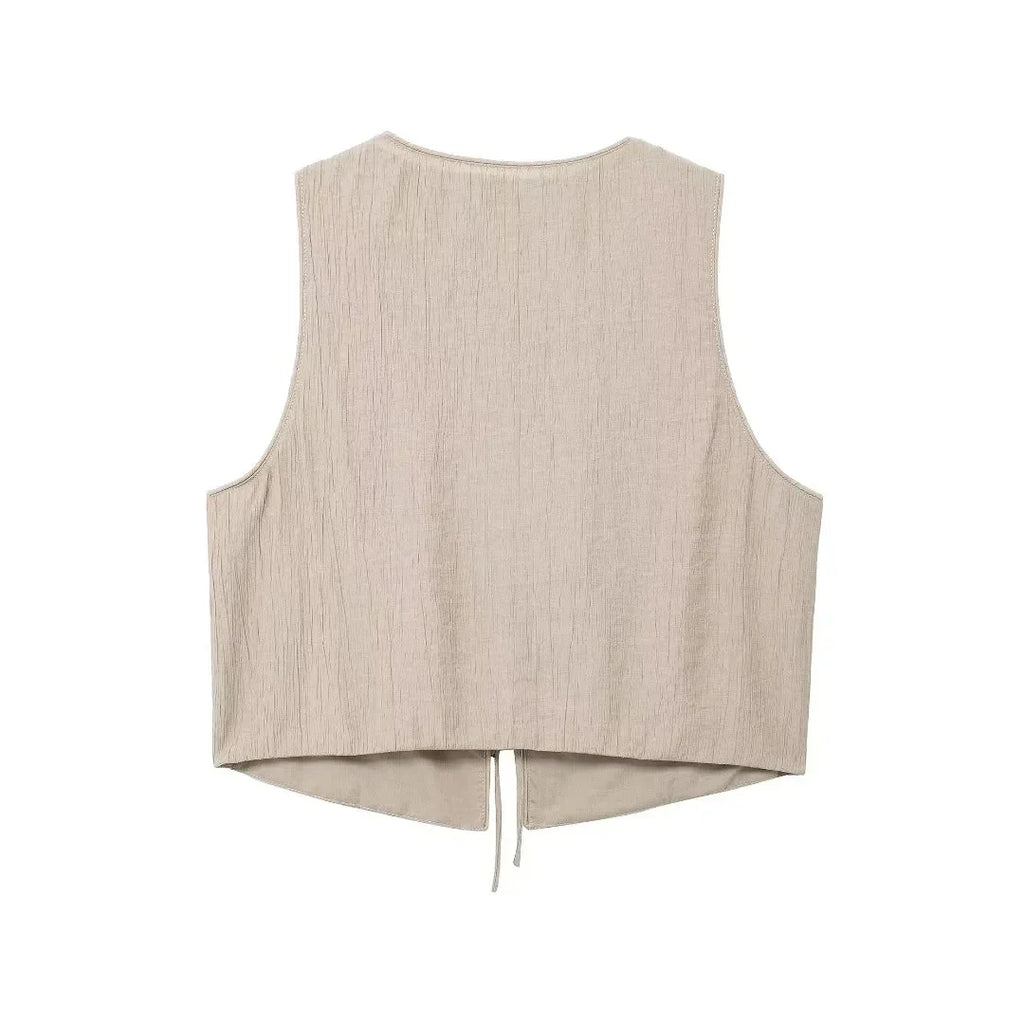 Summer Women's Elegant Solid Color Skirt Set Casual V-neck Bow Lace-Up Sleeveless Crop Vest Top with Loose Drawstring Midi Skirt