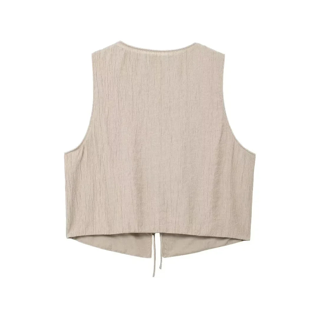 Summer Women's Elegant Solid Color Skirt Set Casual V-neck Bow Lace-Up Sleeveless Crop Vest Top with Loose Drawstring Midi Skirt