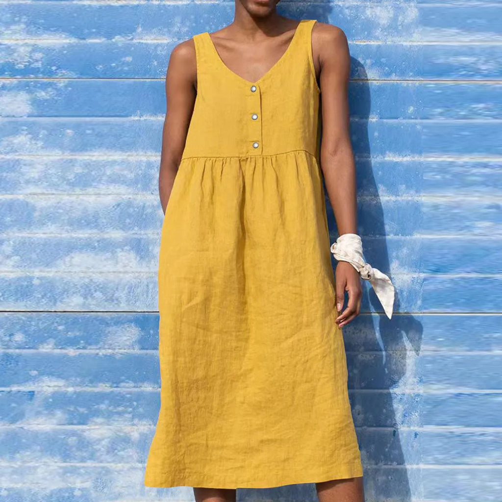 Boho Cotton Linen Sleeveless Dress For Women Summer Holiday