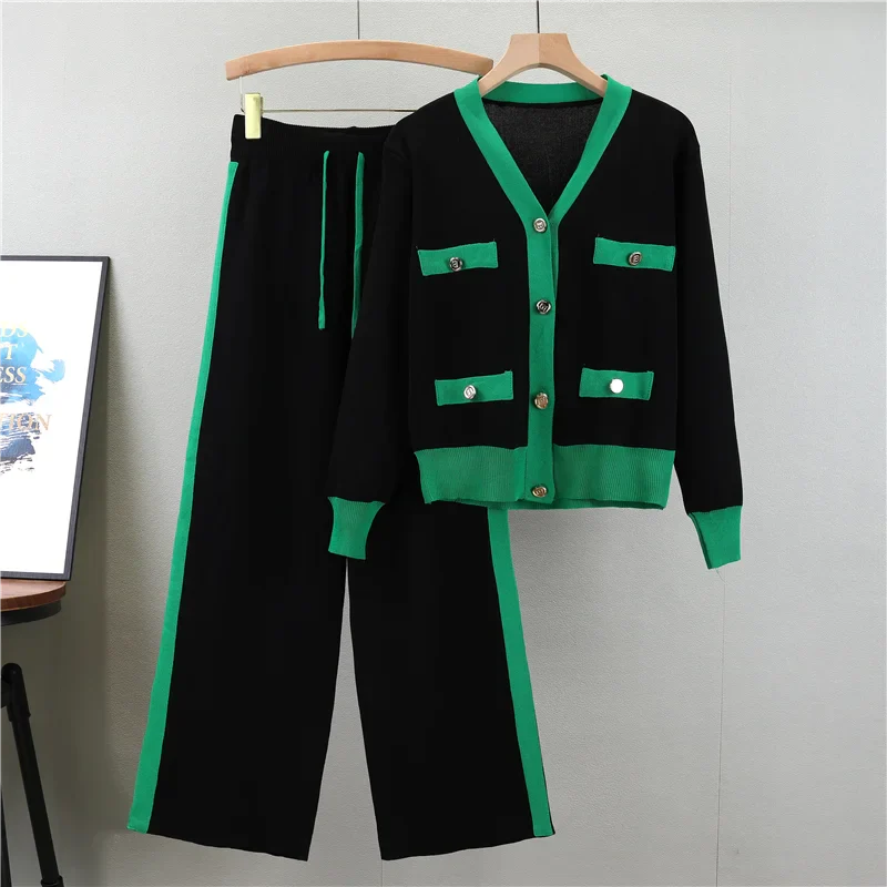 Women's Knitting Sweater Set with V-neck Cardigan and Wide Leg Pants for Cozy Autumn and Winter Wear