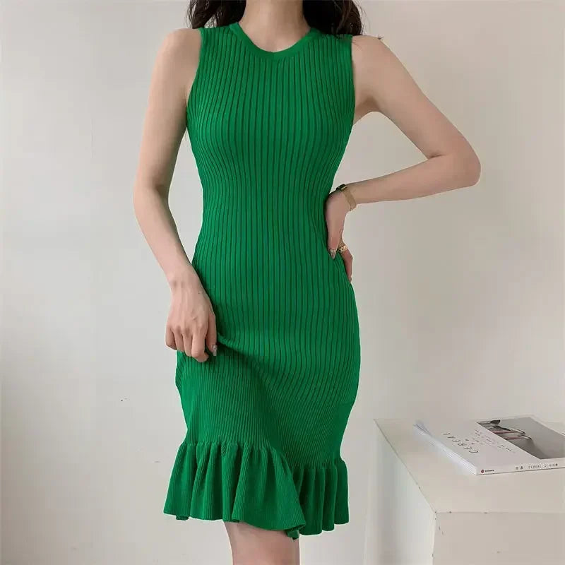 Slimming Knit Dress Sleeveless Fish Tail Leaf Design