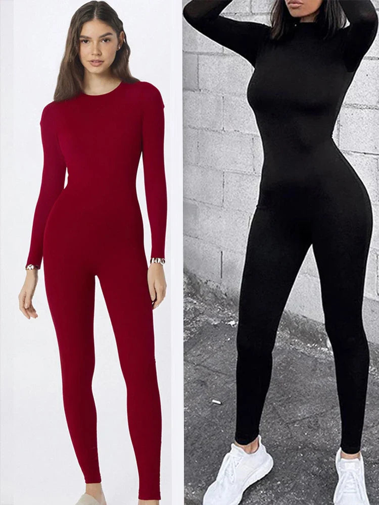 Autumn Red Long Sleeve Jumpsuit For Women Slim Fit O-Neck Bodycon Casual Sporty Streetwear Romper