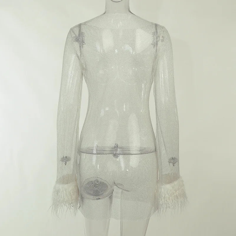 Black Mesh Bodycon Dress Long Sleeve Women Clubwear