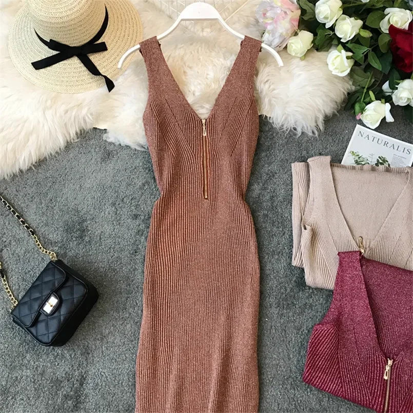 Sexy Zipper V Neck Knit Bodycon Midi Dress For Summer