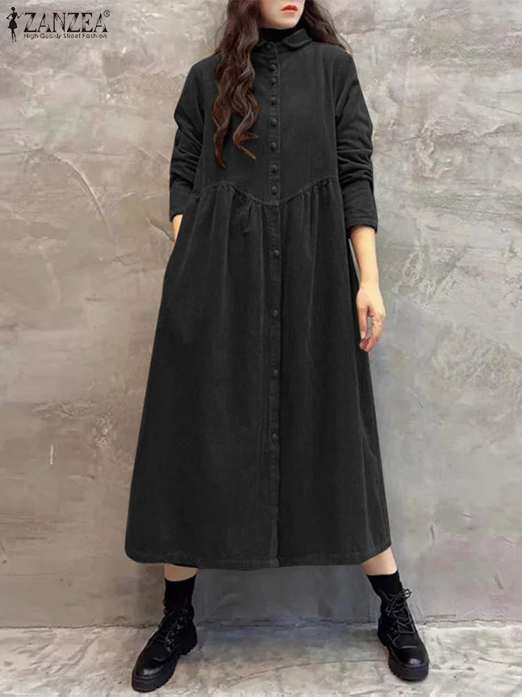 Women Autumn Corduroy Dress With Button Front And Pockets