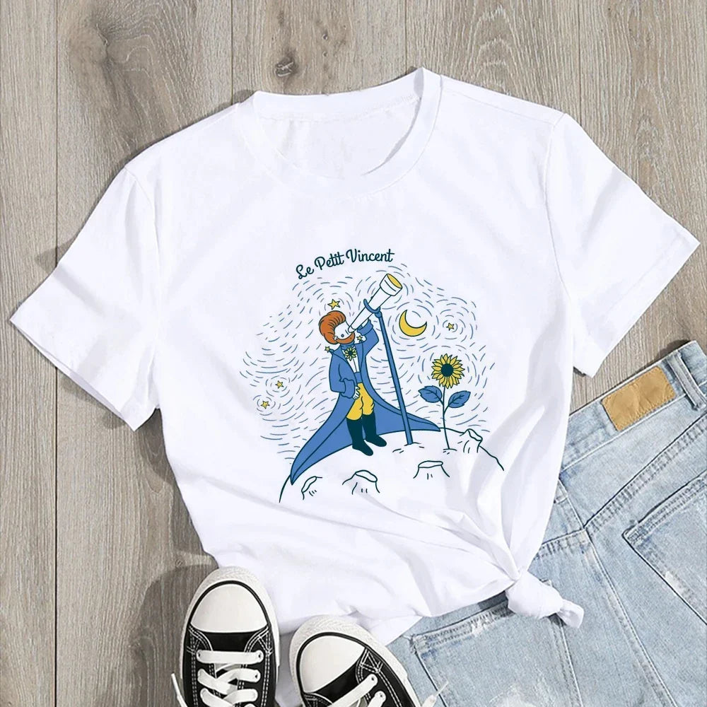 Aesthetic Van Gogh Starry Night Cat Print Women's Short Sleeve T-Shirt