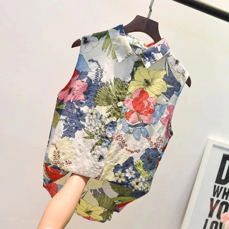 Women Sleeveless Summer Blouse Shirt Casual Turn-Down Collar Printed Lightweight Top