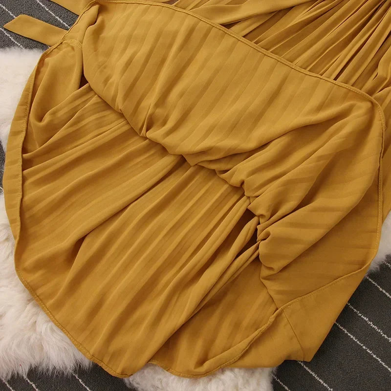 Chiffon Pleated Lace Up V Neck Dress For Women Summer