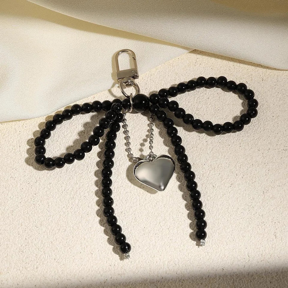 White Bowknot Heart Keychain for Women Sweet Charm Pearl Bow Backpack Key Ring Handmade Jewelry Ornament