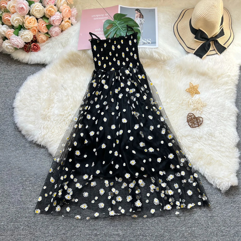 Floral Daisy Print Mesh Long Dress for Summer Vacation