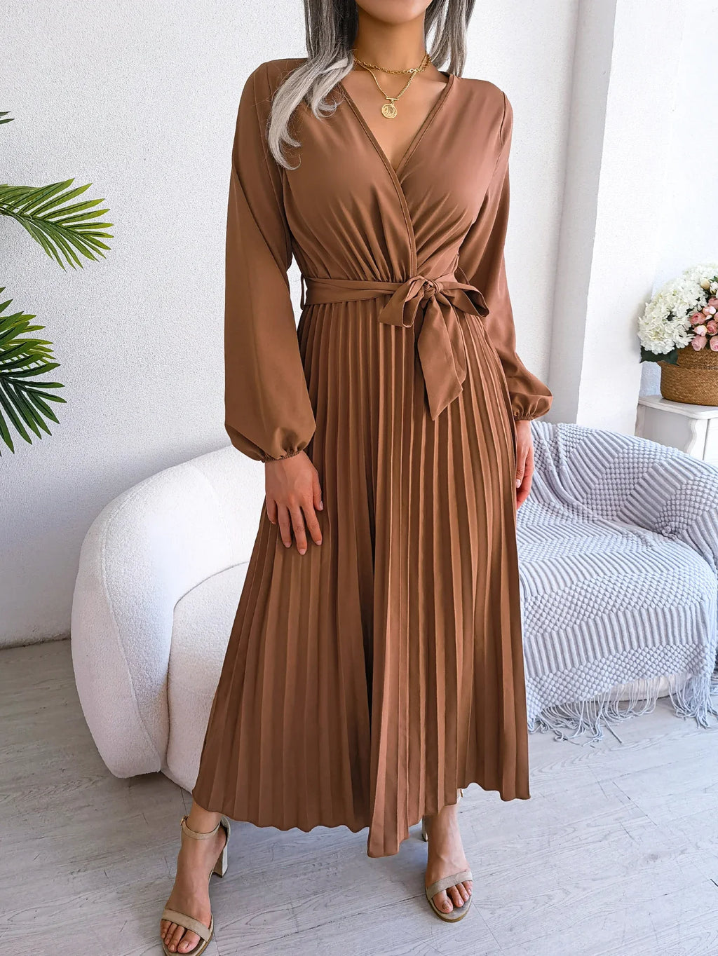 Elegant Surplice Neck Pleated Maxi Dress With Belt Flair